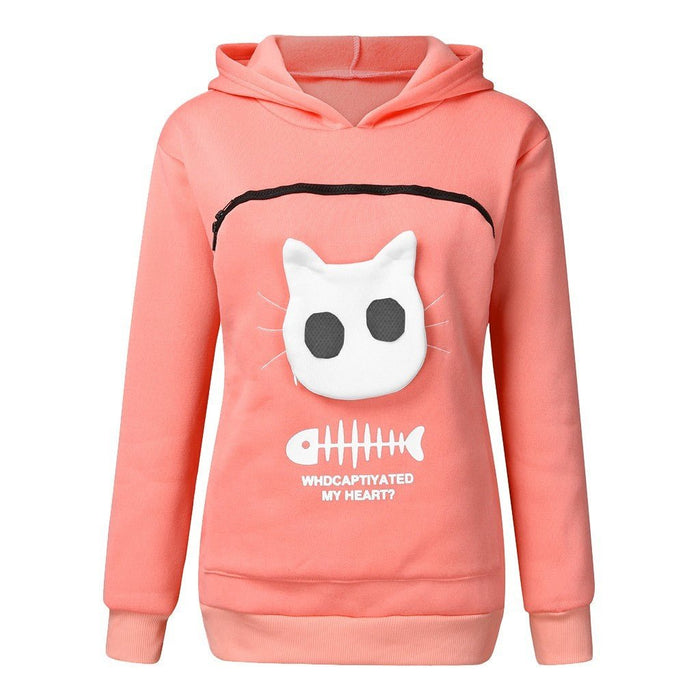 Women Hoodie Sweatshirt With Cat Pet Pocket Design Long Sleeve Sweater Cat Outfit - Kannabliss Exotics