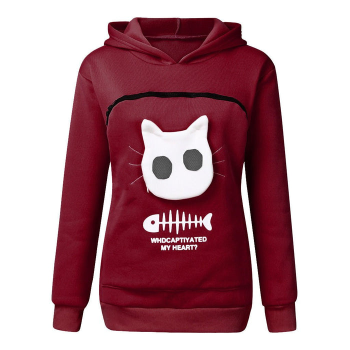 Women Hoodie Sweatshirt With Cat Pet Pocket Design Long Sleeve Sweater Cat Outfit - Kannabliss Exotics