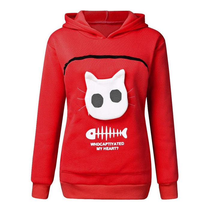 Women Hoodie Sweatshirt With Cat Pet Pocket Design Long Sleeve Sweater Cat Outfit - Kannabliss Exotics