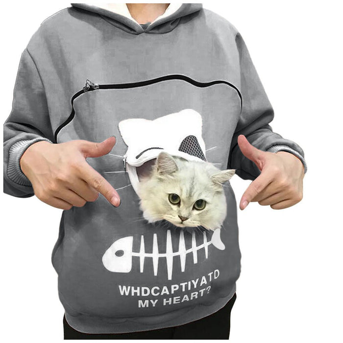 Women Hoodie Sweatshirt With Cat Pet Pocket Design Long Sleeve Sweater Cat Outfit - Kannabliss Exotics