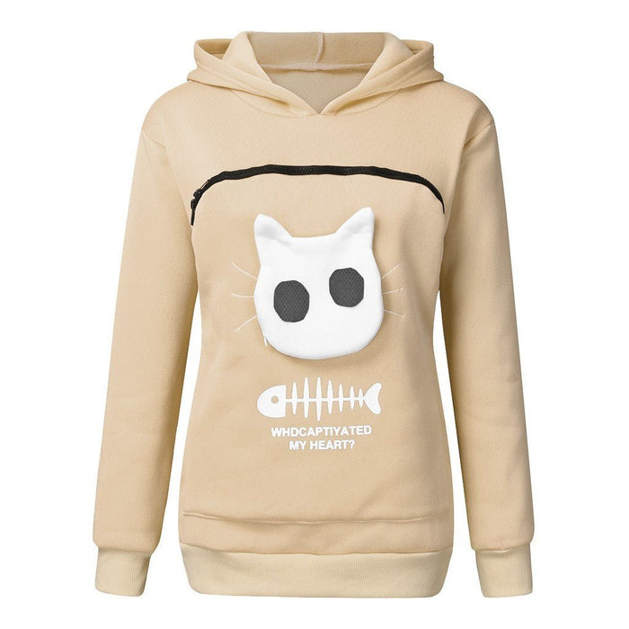 Women Hoodie Sweatshirt With Cat Pet Pocket Design Long Sleeve Sweater Cat Outfit - Kannabliss Exotics